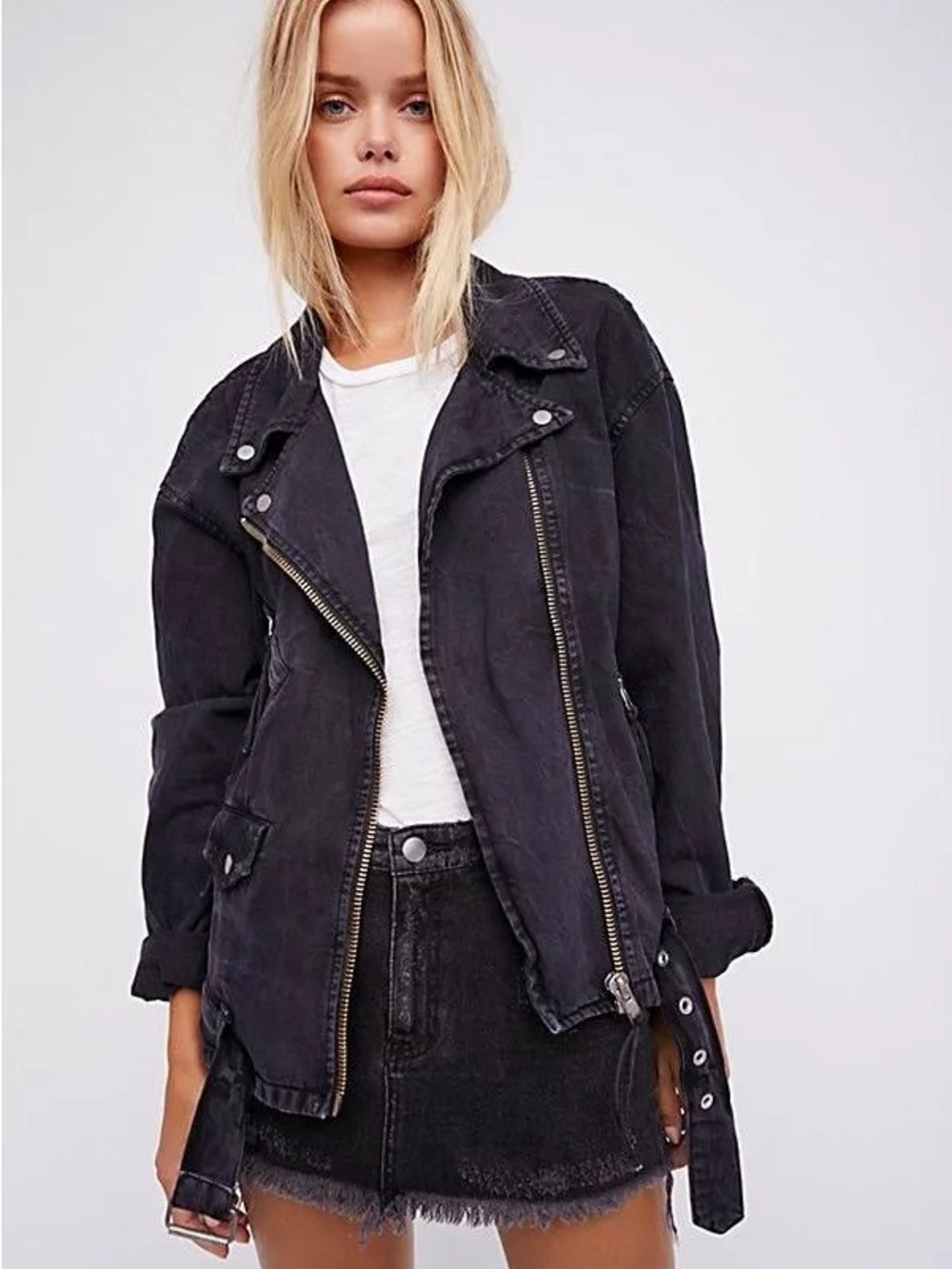 Free People Denim Moto Jacket streetwear punk grunge black lace up sides rebel M